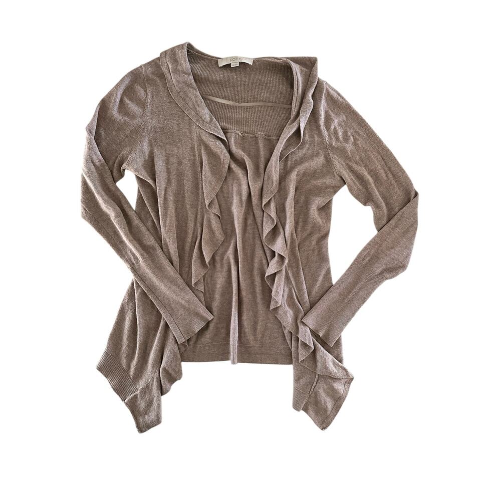 Wool Blend Ruffle front sweater Ann Taylor Loft cardigan beige taupe open blouse